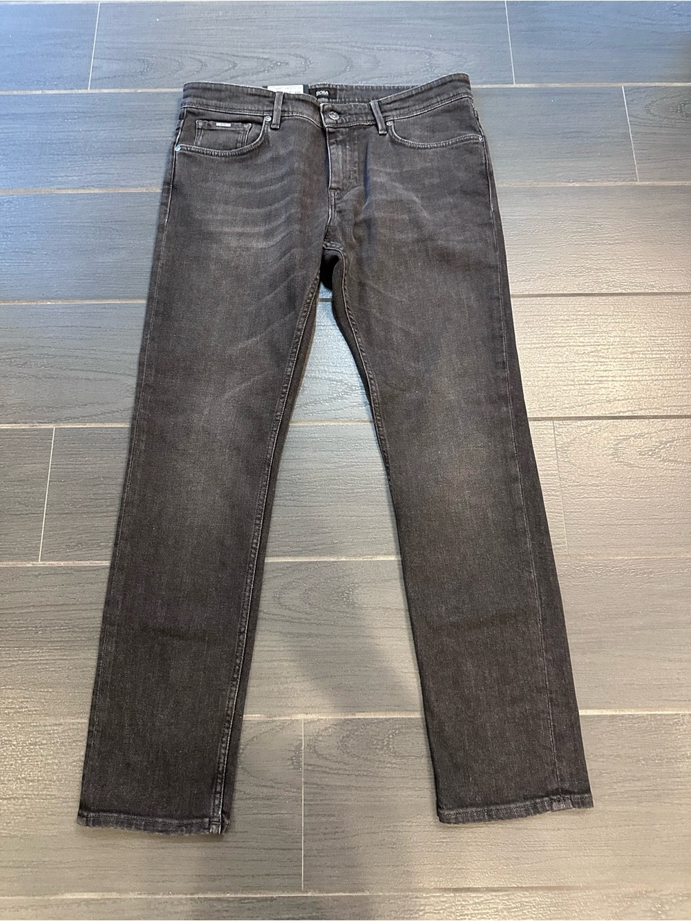 Boss Men’s Charleston-3 Slim Fit Straight Stretch Jeans in Pure Solid Black